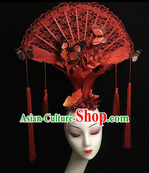 Top Halloween Hair Accessories Chinese Traditional Catwalks Red Lace Butterfly Headdress for Women