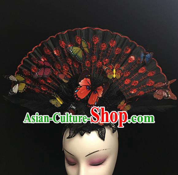 Top Halloween Hair Accessories Chinese Traditional Catwalks Black Fan Headdress for Women