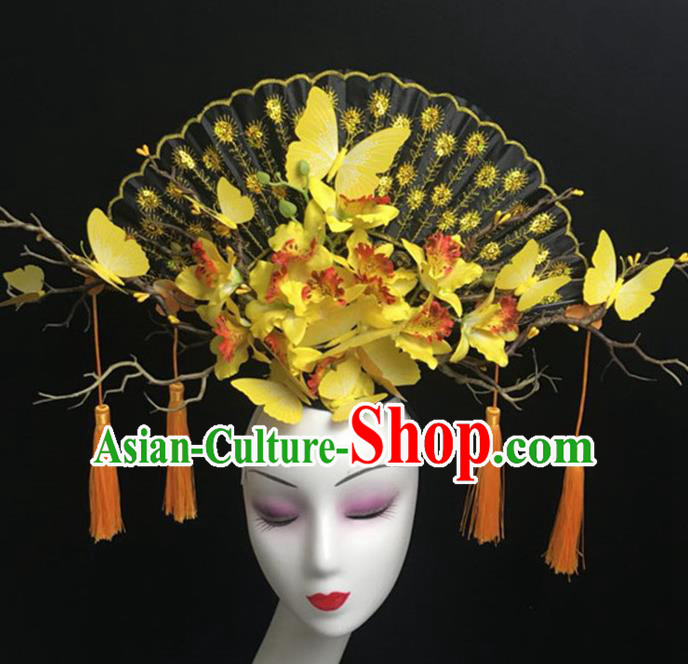 Top Halloween Hair Accessories Chinese Traditional Catwalks Yellow Butterfly Fan Headdress for Women