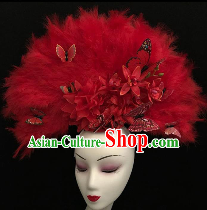 Top Halloween Hair Accessories Chinese Traditional Catwalks Red Feather Fan Headdress for Women