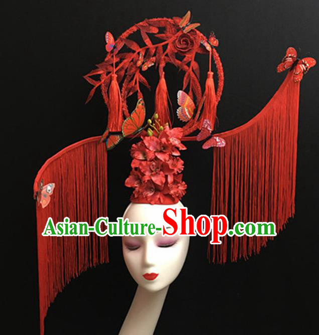 Top Halloween Red Tassel Hair Accessories Chinese Traditional Catwalks Giant Headpiece for Women