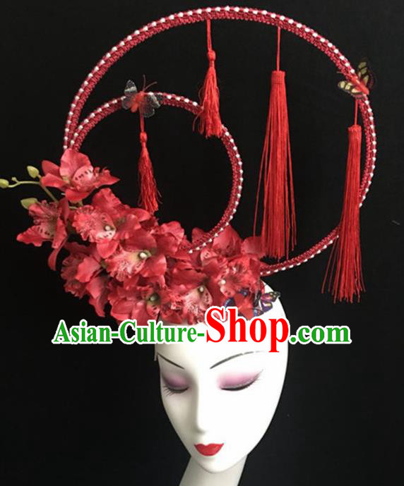 Top Halloween Red Flowers Tassel Hair Accessories Chinese Traditional Catwalks Giant Headpiece for Women