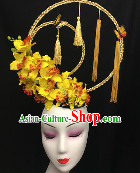 Top Halloween Yellow Flowers Tassel Hair Accessories Chinese Traditional Catwalks Giant Headpiece for Women