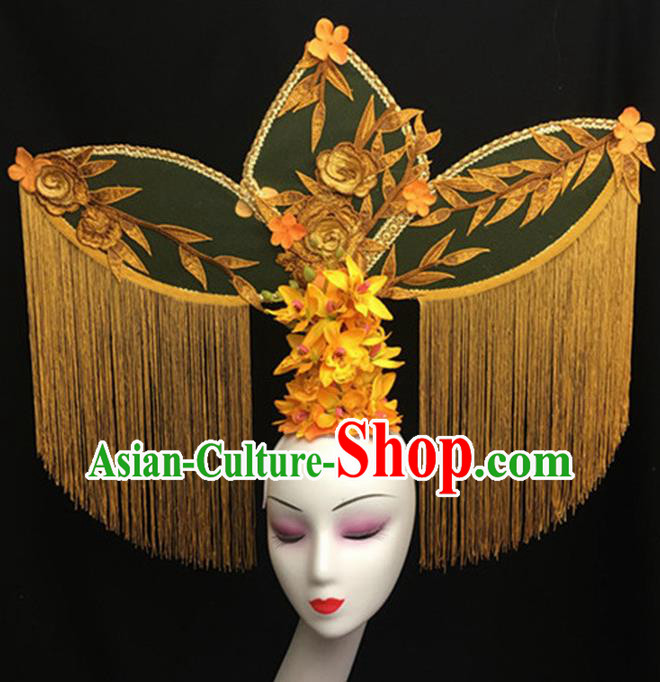 Top Halloween Giant Hair Accessories Chinese Traditional Catwalks Yellow Tassel Headpiece for Women