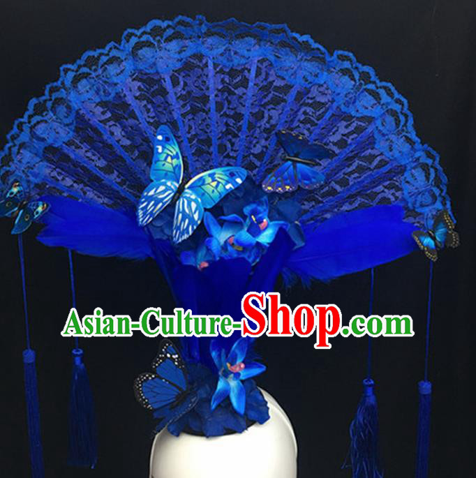 Top Halloween Giant Hair Accessories Chinese Traditional Catwalks Blue Lace Headpiece for Women
