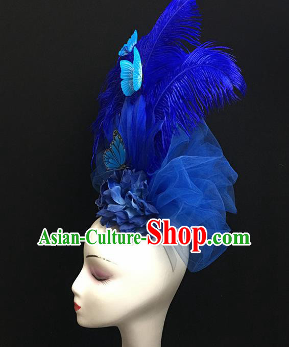 Top Halloween Catwalks Hair Accessories Stage Show Blue Feather Headdress for Women