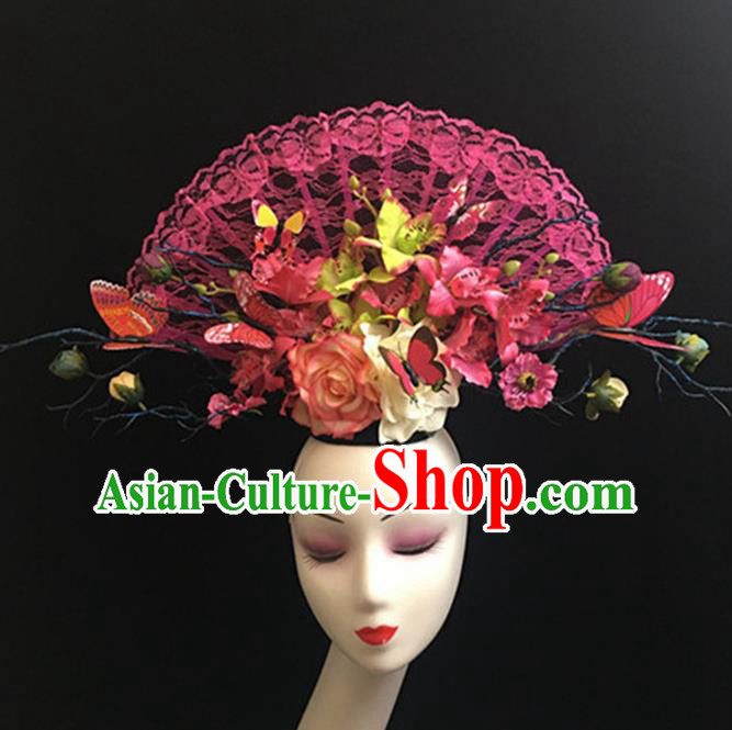 Top Halloween Giant Pink Lace Hair Accessories Chinese Traditional Catwalks Headpiece for Women