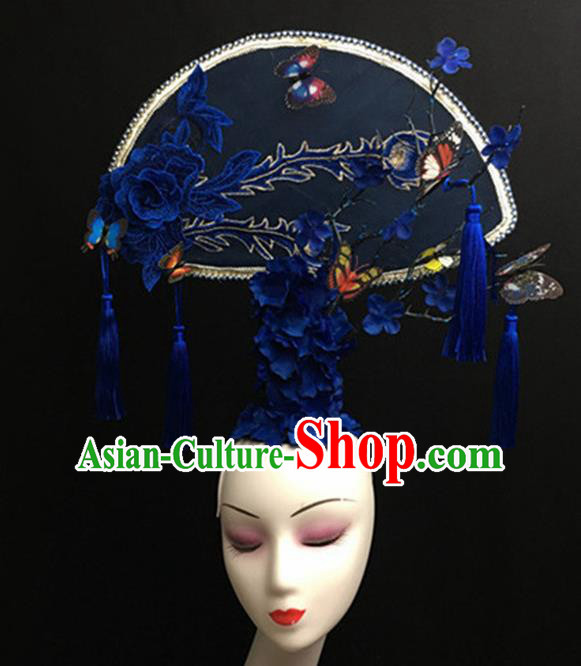 Top Halloween Giant Blue Peony Hair Accessories Chinese Traditional Catwalks Headpiece for Women