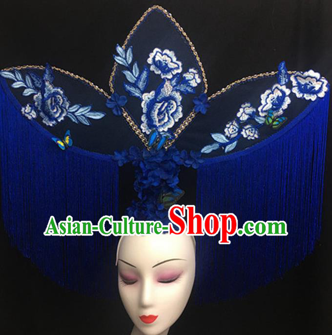 Top Halloween Stage Show Giant Hair Accessories Chinese Traditional Catwalks Blue Peony Tassel Headpiece for Women
