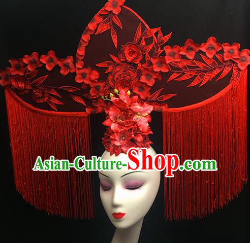 Top Halloween Stage Show Giant Hair Accessories Chinese Traditional Catwalks Red Peony Tassel Headpiece for Women