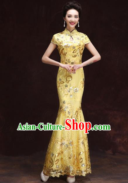 Chinese Traditional Costumes Elegant Mermaid Full Dress Yellow Qipao Dress for Women