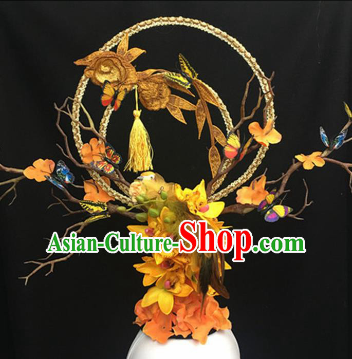 Top Halloween Stage Show Giant Hair Accessories Chinese Traditional Catwalks Birds Headpiece for Women