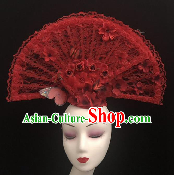 Top Halloween Hair Accessories Chinese Traditional Catwalks Red Lace Fan Headdress for Women