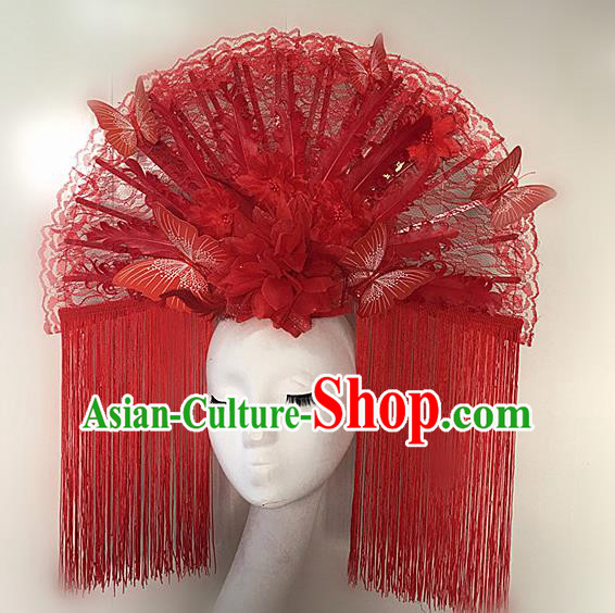 Top Halloween Red Feather Tassel Giant Hair Accessories Stage Show Chinese Traditional Palace Catwalks Headpiece for Women