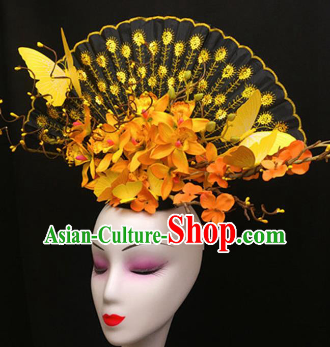 Top Halloween Stage Show Giant Hair Accessories Chinese Traditional Catwalks Yellow Flowers Headpiece for Women