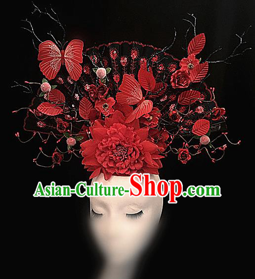 Top Halloween Red Butterfly Peony Giant Hair Accessories Stage Show Chinese Traditional Palace Catwalks Headpiece for Women