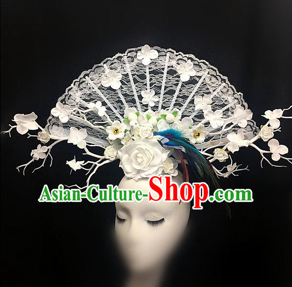 Top Halloween White Lace Peony Giant Hair Accessories Stage Show Chinese Traditional Palace Catwalks Headpiece for Women