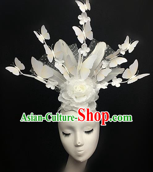 Top Halloween White Feather Peony Giant Hair Accessories Stage Show Chinese Traditional Palace Catwalks Headpiece for Women