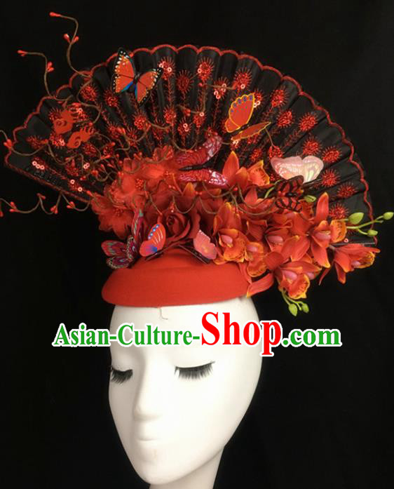 Top Halloween Hair Accessories Stage Show Chinese Traditional Catwalks Red Top Hat Headpiece for Women