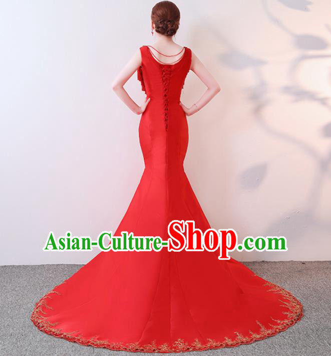 Chinese Traditional Costumes Elegant Red Trailing Full Dress Qipao Dress for Women