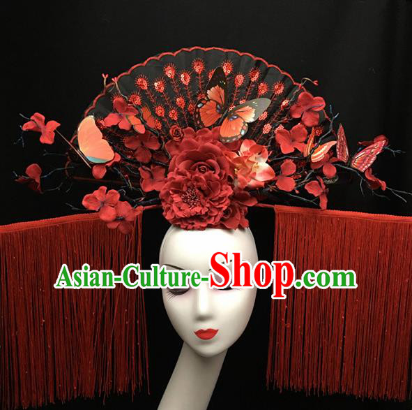 Top Halloween Red Tassel Giant Hair Accessories Stage Show Chinese Traditional Palace Catwalks Headpiece for Women