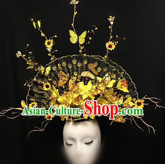 Top Halloween Yellow Flowers Giant Hair Accessories Stage Show Chinese Traditional Palace Catwalks Headpiece for Women