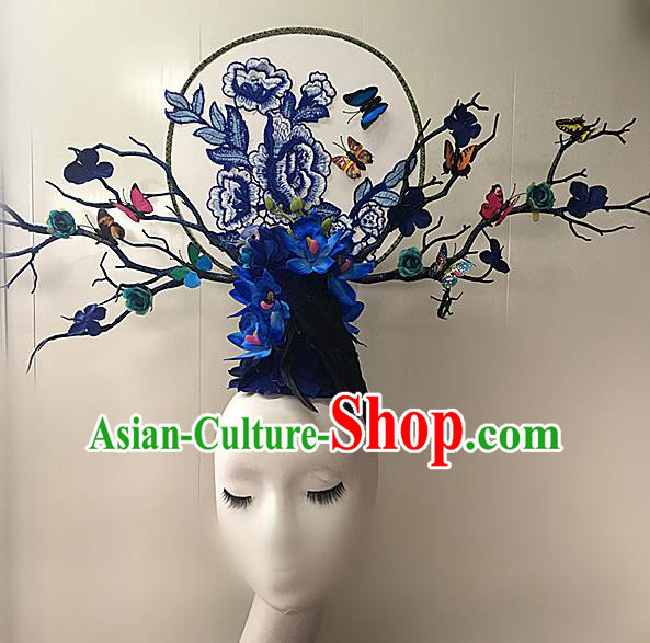 Top Halloween Blue Peony Giant Hair Accessories Stage Show Chinese Traditional Palace Catwalks Headpiece for Women