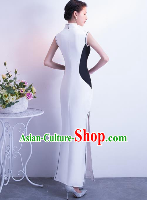 Chinese Traditional White Silk Cheongsam Qipao Dress Elegant Compere Full Dress for Women