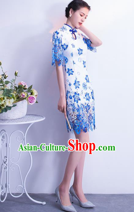 Chinese Traditional Blue Lace Cheongsam Qipao Dress Elegant Compere Full Dress for Women