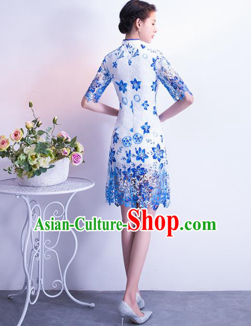 Chinese Traditional Blue Lace Cheongsam Qipao Dress Elegant Compere Full Dress for Women