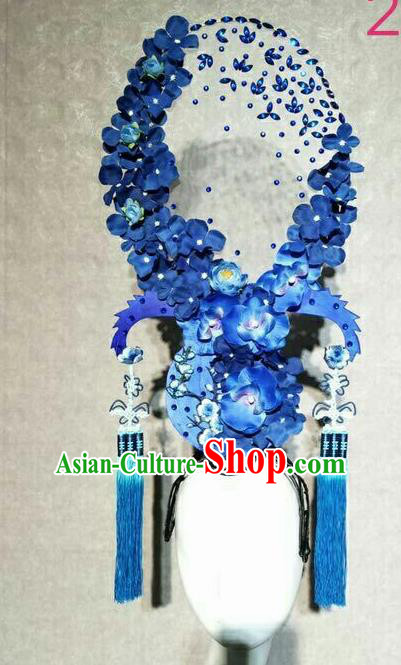 Asian Chinese Traditional Hair Accessories Catwalks Blue Tassel Flowers Headdress for Women