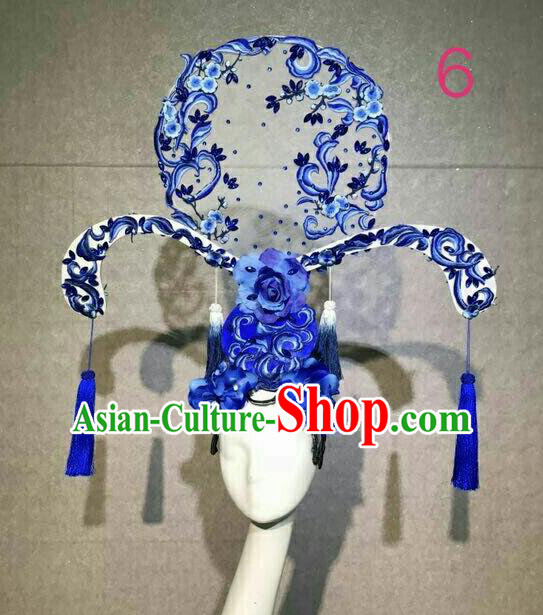 Asian Chinese Traditional Hair Accessories Catwalks Embroidered Blue Peony Headdress for Women