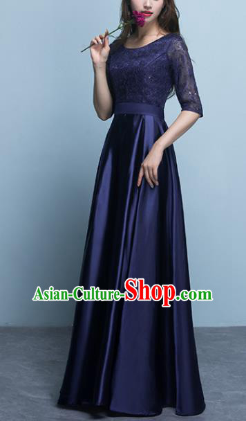 Top Grade Stage Performance Compere Deep Blue Formal Dress Chorus Elegant Lace Full Dress for Women