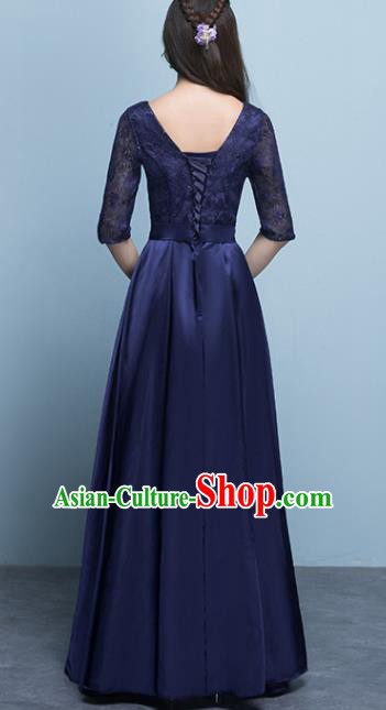 Top Grade Stage Performance Compere Deep Blue Formal Dress Chorus Elegant Lace Full Dress for Women