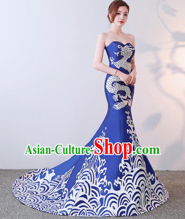 Chinese Traditional Trailing Qipao Dress Elegant Compere Blue Full Dress for Women