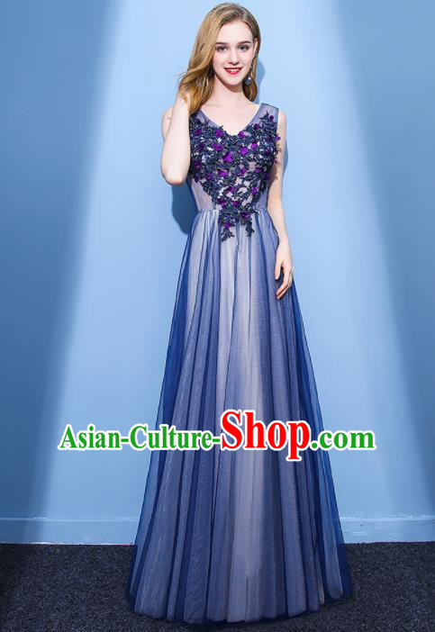 Top Grade Stage Performance Compere Formal Dress Chorus Elegant Blue Veil Full Dress for Women