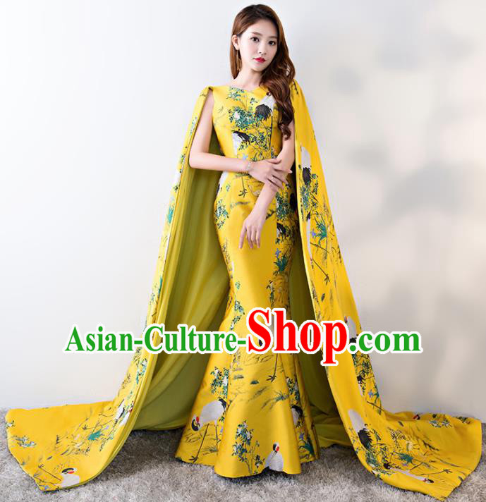 Chinese Traditional Trailing Yellow Mermaid Qipao Dress Elegant Compere Full Dress for Women