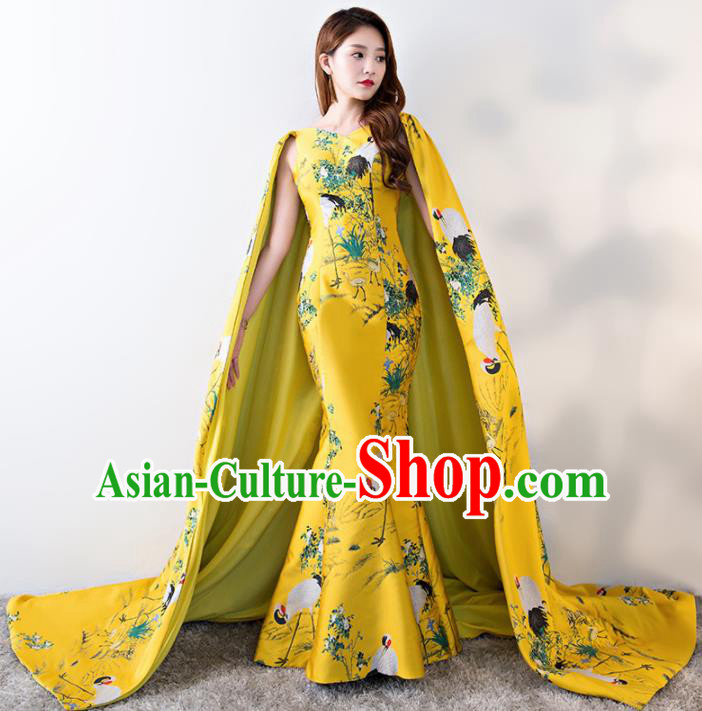 Chinese Traditional Trailing Yellow Mermaid Qipao Dress Elegant Compere Full Dress for Women