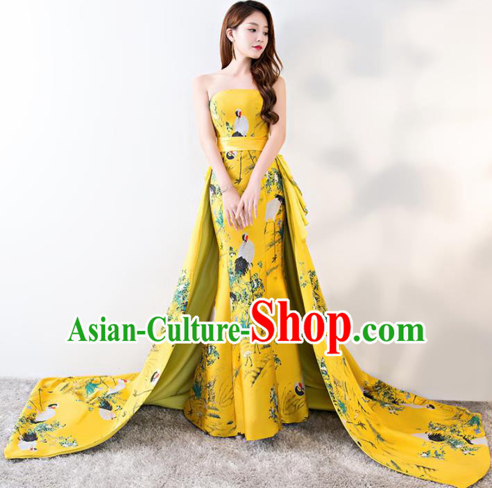 Chinese Traditional Yellow Strapless Qipao Dress Elegant Compere Full Dress for Women