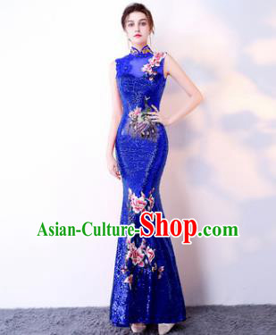 Chinese Traditional Royalblue Cheongsam Elegant Embroidered Qipao Dress Compere Full Dress for Women