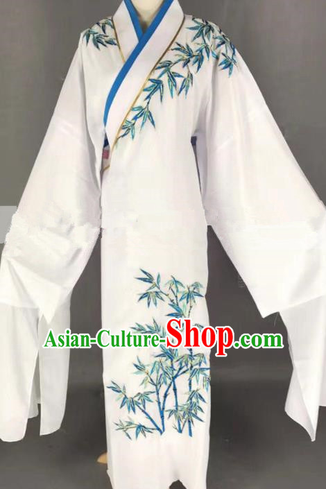 Professional Chinese Traditional Beijing Opera Niche Embroidered Bamboo White Robe Ancient Scholar Costume for Men
