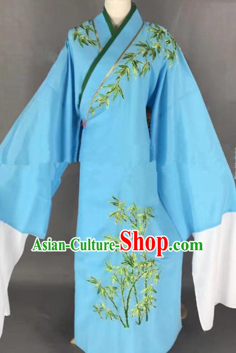 Professional Chinese Traditional Beijing Opera Niche Embroidered Bamboo Blue Robe Ancient Scholar Costume for Men