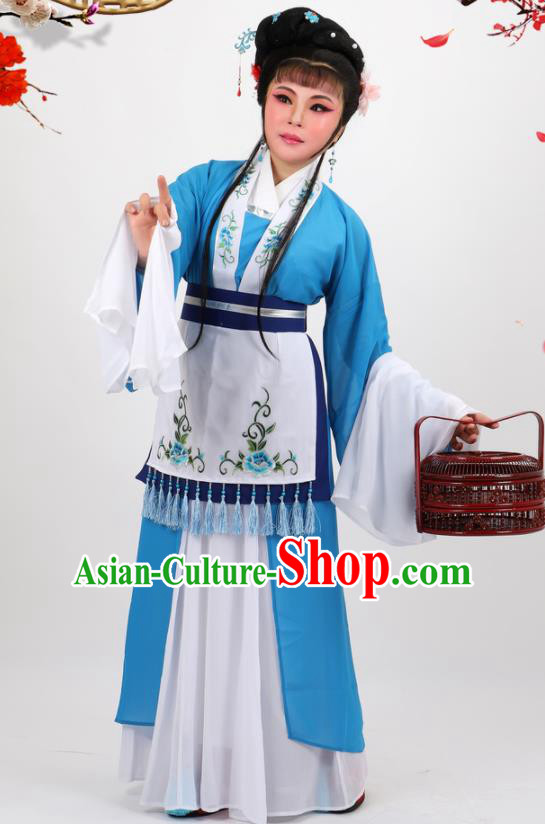 Chinese Traditional Peking Opera Maidservant Blue Dress Ancient Country Lady Costume for Women