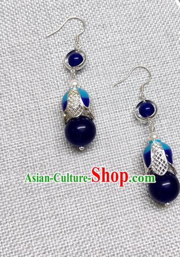 Chinese Traditional Hanfu Royalblue Bead Magnolia Earrings Ancient Princess Ear Accessories for Women