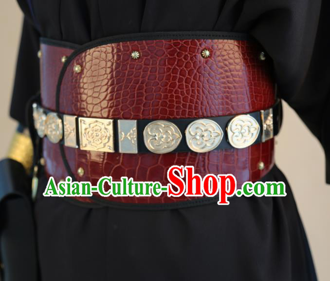 Chinese Traditional Hanfu Belts Ancient Ming Dynasty Swordsman Red Leather Waistband for Men