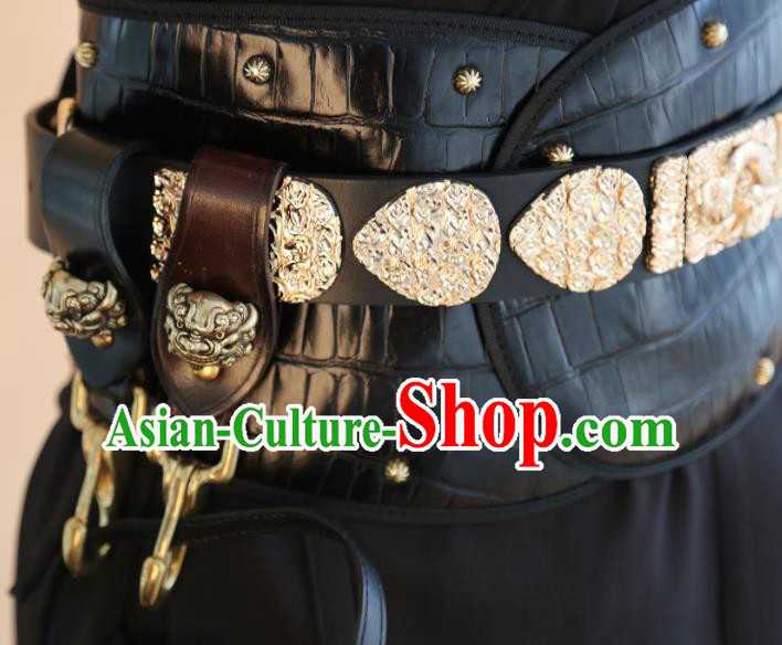 Chinese Traditional Hanfu Belts Ancient Ming Dynasty Swordsman Black Leather Waistband for Men