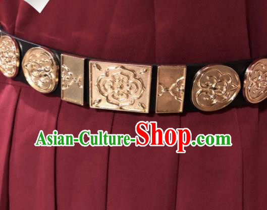 Chinese Traditional Hanfu Golden Belts Ancient Ming Dynasty Swordsman Leather Waistband for Men