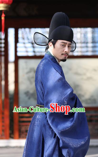 Asian Chinese Ming Dynasty Chancellor Navy Ceremonial Robe Traditional Ancient Minister Costumes for Men