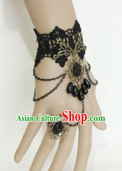 Top Grade Handmade Halloween Black Lace Bangle with Ring Fancy Ball Bracelet Accessories for Women