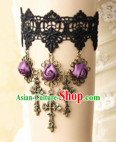 Top Grade Handmade Halloween Purple Rose Armlet Fancy Ball Black Lace Bracelet Accessories for Women